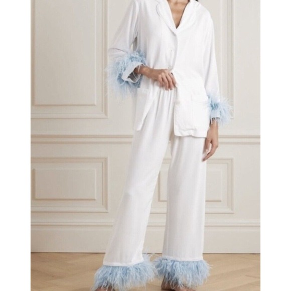 SLEEPER Blue Ostrich Feather Party Pajamas In White Bridal Size XL New - Picture 1 of 10